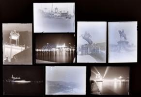 1938 Budapest, Lánchíd, Bástya sétány, Hősök Tere, Dunapart stb. 8 db üvegnegatív és 4 db fotó korabeli kartontokban, 6,5×9 cm