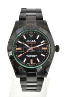 Rolex Milgauss automata karóra, igényes gyűjtői replika d: 40 mm, fekete fém szíjjal kis lepattanás az üvegen