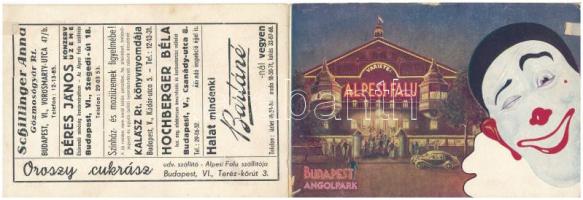 Budapest XIV. Alpesi Falu Barieté az Angol parkban. Cirkuszi reklámlap bohóccal. Kinyitható képeslap az 1943-as júliusi műsorral / Hungarian circus advertisement. Folding postcard with the July show (15 cm x 10,3 cm) (kopott sarok / worn corner)