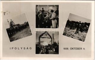 1938 Ipolyság, Sahy; Október 11. emlék a bevonuláskor, cserkész, "Isten hozott" díszkapu, kerékpáros katonák / entry of the Hungarian troops, decorated gate, scout, bicycle troops + "1938 AZ ELSŐ VISSZATÉRT MAGYAR VÁROS" So. Stpl