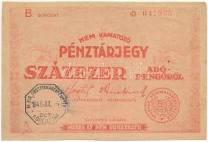 1946. 100.000AP nem kamatozó Pénztárjegy Másra át nem ruházható, M. KIR. POSTATAKARÉKPÉNZTÁR - FŐPÉNZTÁR bélyegzéssel, 047935 sorszámmal T:F fo. Adamo P58