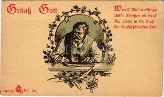 Tirol, Grüass Gott. Deponirt Nr. 63. / Tyrolean folklore art postcard. litho (EK)