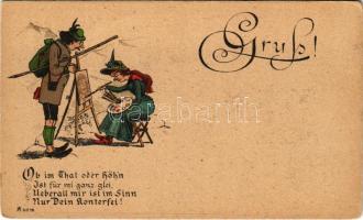 Tirol, Gruss! No. 19. / Tyrolean folklore art postcard. litho