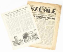 1935 Zsidó Szemle. Politikai hetilap. XXX. évf. 1. sz., 1935. jan. 4. Szerk.: Dr. Schönfeld József. A címlapon: Hans Klee: A zsidó hitközség és Palesztina. Bp., Friedmann-ny., 16 p.+1 sztl. lev. Benne a Mult és Jövő jubiláris szentföldi társasutazásának (1935) prospektusával. Sérült, a címlap foltos, részben felvágatlan lapokkal.