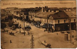 1919 Bialystok, Ecke Markt- u. Nikolaistraße / market square, street view, horse-drawn tram, shops (r)