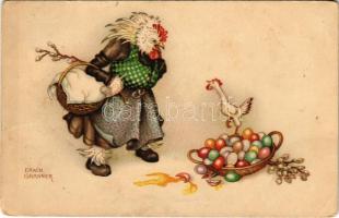 1918 Húsvéti vita tyúk mamával / Easter quarrel, chicken mom, greeting humour. M. Munk Wien Nr. 1179. litho s: Erwin Granner (EK)