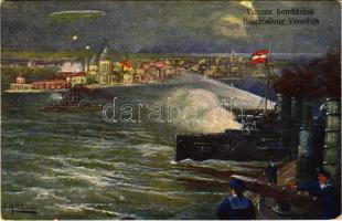 1917 Az Osztrák-Magyar Haditengerészet Velence bombázásánál / Beschießung Venedigs. K.u.K. Kriegsmarine / WWI Austro-Hungarian Navy art postcard, Bombing of Venice s: F. Höllerer