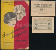 Váncza - A mi süteményes könyvünk. Ismertető füzet. Bp., én. (1929-1930 k.), Hungária Rt.-ny., 8 sztl. lev. Benne korabeli reklámokkal is. Benne 2 db "Központi Buffet" étkezési jeggyel. Kiadói papírkötés, kissé sérült borítóval.