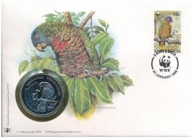 Saint Lucia DN (1991) A Világ Vadvédelmi Alap (WWF) 30. évfordulója - Amazona Versicolor (Kékmaszkos Amazonpapagáj) kétoldalas fém emlékérem érmés borítékban, bélyeggel és bélyegzéssel, német nyelvű ismertetővel T:PP Saint Lucia ND (1991) 30th Anniversary of the World Wildlife Fund - Amazona Versicolor two-sided metal commemorative medallion in envelope with stamp and cancellation, with German description C:PP