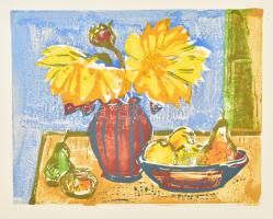 Rác András (1926-2013): Csendélet. Színes linómetszet, papír, jelzés nélkül, 26×34 cm