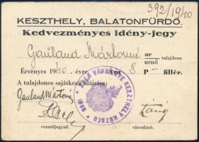 1940 Keszthely-Balatonfürdő kedvezményes idényjegy