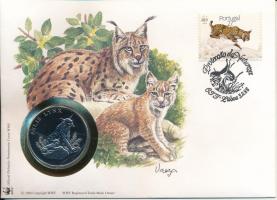 Portugália DN (1991) "A Világ Vadvédelmi Alap (WWF) 30. évfordulója - Felis Lynx (Eurázsiai hiúz)" kétoldalas fém emlékérem érmés borítékban, bélyeggel és bélyegzéssel, német nyelvű ismertetővel T:PP az érmét tartó tok sérült Portugal ND (1991) "30th Anniversary of the World Wildlife Fund - Felis Lynx" two-sided metal commemorative medallion in envelope with stamp and cancellation, with German description C:PP the case holding the coin is damaged