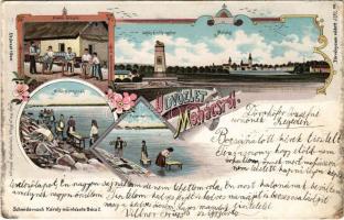 1900 Mohács, Lajos király szobor, mosónők és korsósok, dunai úszó hajómalmok, hajómalom. Schwidernoch Károly. Art Nouveau, floral, litho / floating shipmills (EB)