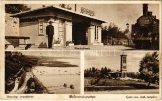 1941 Balatonakarattya, vasútállomás és gőzmozdony, vonat, Bercsényi strandfürdő, Épülő római katolikus templom (fl)