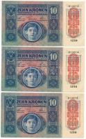 1915. 10K piros DEUTSCHÖSTERREICH felülbélyegzéssel (3x) sorszámkövetők T:F szép papír Hungary 1915. 10 Korona with red DEUTSCHÖSTERREICH overprint (3x) sequnetial serials C:F nice paper Adamo K11