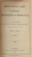 Szenczi Molnár Albert naplója, levelezése és irományai. A M. Tud. Akadémia Irodalomtörténeti Bizottsága megbízásából jegyzetekkel ellátva kiadta: Dézsi Lajos. Bp., 1898, MTA. XXXIX+(1)+520+(2) p.+ 1 (kihajtható hasonmás) t. Átkötött félbőr-kötésben, kopottas, sérült borítóval és gerinccel, tulajdonosi bélyegzővel.