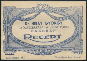 dr. Hibay György gyógyszertára a Kígyóhoz Egerben receptboríték