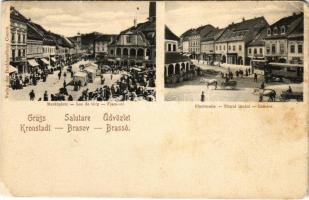 Brassó, Kronstadt, Brasov; Piac tér, Len-sor, árusok, villamos. Ciurcu / market, tram / Loc de terg, Terguk inului (EK)