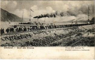 1917 Orsova, Hajózási csatorna a Vaskapunál. Hutterer G. / Canal beim Eisernes Thor / port, canal, arriving steamship (r)