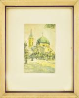 Ifj. Richter Aladár (1898-1950): Pécsi részlet. Nyomat, papír. 13,5x9 cm. Üvegezett fakeretben.