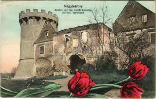 1906 Nagykároly, Carei; Erdődi vár ahol Petőfi Szendrey Júliával egybekelt, tulipánok. Csókás László kiadása / Cetatea Ardud (Castelul Károlyi) / castle, tulips (EK)