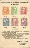 Arad, Kerpel Izsó könyvkereskedő reklámlapja, ajánlat bélyegekre / publisher&#039;s advertisement card, offer for stamps (fa)