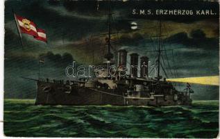 1910 SMS ERZHERZOG KARL osztrák-magyar haditengerészet pre-dreadnought csatahajó este. G. Fano Pola, 1909. No. / K.u.K. Kriegsmarine Linienschiffe am Nacht / Austro-Hungarian Navy pre-dreadnought battleship at night