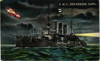 1908 SMS ERZHERZOG KARL osztrák-magyar haditengerészet pre-dreadnought csatahajó este. G. Fano Pola, 1908/9. No. 11. / K.u.K. Kriegsmarine Linienschiffe am Nacht / Austro-Hungarian Navy pre-dreadnought battleship at night (EK)