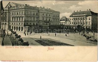 Arad, Andrássy tér, Színház, Múzeum, Michl színházi sörcsarnoka, Nagy Lajos szállodája a Fehér kereszthez, kávéház, üzletek. Römmler &amp; Jonas / theatre, museum, street view, beer hall, hotel and café, shops (vágott / cut)