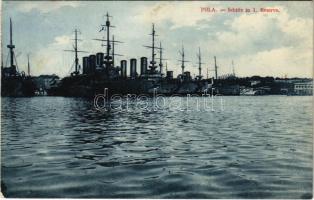 1912 Pola, K.u.K. Kriegsmarine Schiffe in I Reserve / Osztrák-Magyar Haditengerészet csatahajói Polában a tartalék kikötőben / Austro-Hungarian Navy battleships in the reserve dock near the Pula shipyard. R. Marincovich (EK)