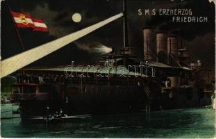 1909 SM Schiff Erzherzog Friedrich K.u.K. Kriegsmarine / SMS Erzherzog Friedrich az Osztrák-Magyar Haditengerészet pre-dreadnought (Linienschiffe) csatahajója este / Austro-Hungarian Navy pre-dreadnought battleship at night, naval flag, mariners. G. Fano, Pola 1909. No. 65. (tear)