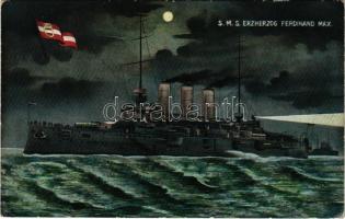 1908 SMS Erzherzog Ferdinand Max az Osztrák-Magyar Haditengerészet Erzherzog-osztályú pre-dreadnought csatahajója este / K.u.K. Kriegsmarine Linienschiff / Austro-Hungarian Navy, Erzherzog-class pre-dreadnought battleship, at night. G. Fano Pola 1908/9. No. 13. (EK)