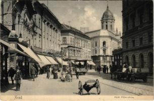 1908 Arad, Atzél Péter utca, Pilsner sörcsarnok, üzletek, lóvasút / street view, beer hall, shops, horse-drawn railway (EB)