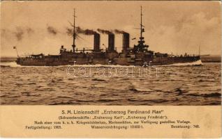 SMS Erzherzog Ferdinand Max az Osztrák-Magyar Haditengerészet Erzherzog-osztályú pre-dreadnought csatahajója / K.u.K. Kriegsmarine Linienschiff / Austro-Hungarian Navy Erzherzog-class pre-dreadnought battleship. Marine-Erinnerungs-Karte