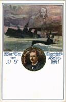 Zur Tat von &quot;U 5&quot; Tegetthoff&#039;s Geist lebt! Georg v. Trapp / SM U-5 (U-V) osztrák-magyar U-5 osztályú tengeralattjáró elsüllyeszti a francia Léon Gambetta páncélos cirkálót. Georg von Trapp tengeralattjáró-kapitány, Wilhelm von Tegetthoff tengernagy szelleme / WWI Austro-Hungarian Navy art postcard, K.u.K. Kriegsmarine, &quot;U5&quot; submarine sinks French armored cruiser &quot;Léon Gambetta&quot;, Georg v. Trapp captain of the submarine, ghost of Admiral Tegetthoff. Deutscher Schulverein Karte Nr. 786. s: E. Schütz