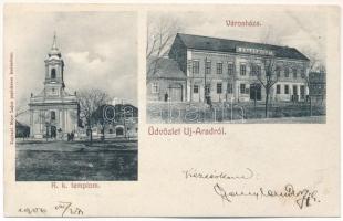 1906 Arad, Újarad, Új-Arad, Aradul Nou; Római katolikus templom, Városháza. Mayr Lajos kiadása / Catholic church, town hall (EB)