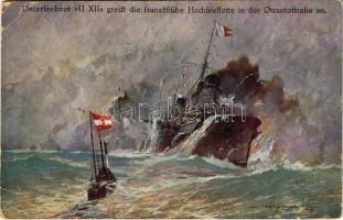 1915 Unterseeboot U XII greift die französische Hochseflotte in der Otrantostrasse an. Offizielle Postkarte des Österr. Flottenvereines zugunsten der Kriegsfürsorge - K.u.K. Kriegsmarine / Austro Hungarian U-12 submarine with French Navy fleet in the battle of Otranto s: Harry Heusser + "K.U.K. KRIEGSMARINE S.M.S. ZRÍNYI" (creases)