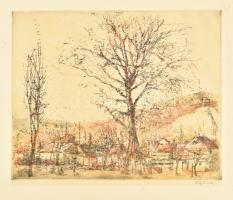 Ősz Dénes (1915-1980): Őszi táj. Színes rézkarc, papír, jelzett. Lap szélén foltos. 29,5×36 cm
