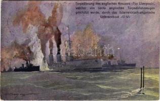 1917 Torpedierung des englischen Kreuzers "Typ Liverpool" welcher von sechs englischen Torpedofahrzeugen geschütz wurde, durch das österreichisch-ungarische Unterseeboot U IV. Offizielle Karte für Rotes Kreuz, Kriegsfürsorgeamt Kriegshilfsbüro Nr 159. - K.u.K. Kriegsmarine / WWI Austro-Hungarian Nav art postcard, U-4 submarine s: Harry Heusser (EK)