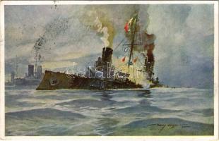 1916 Torpedierung des ital. Panzerkreuzers Giuseppe Garibaldi. K.u.K. Kriegsmarine / WWI Austro-Hungarian Navy, Italian Armored cruiser. Offizielle Karte für Rotes Kreuz, Kriegsfürsorgeamt, Kriegshilfsbureau. Österreichischen Flottenverein s: Harry Heusser (EK)