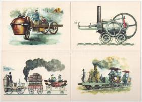 MOZDONYOK 1769-1860 és 1861-1962 (Képzőművészeti Alap) - 36 db modern képeslap két tokban / LOCOMOTI...