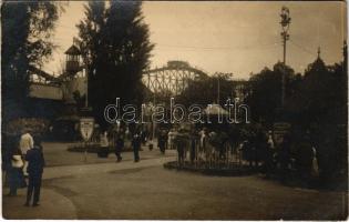 1924 Budapest XIV. Városliget, Vidámpark, Hullámvasút, Radó Gergely borkereskedés reklámja. photo (EK)