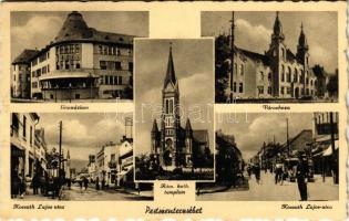 1939 Budapest XX. Pestszenterzsébet, Pesterzsébet, Erzsébetfalva; Gimnázium, Városháza, Kossuth Lajos utca, Római katolikus templom, üzletek, rendőr (EK)