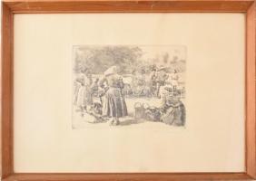 Dombrovszky László (1894-1984): Piaci jelenet. Rézkarc, papír, jelezve jobbra lent, üvegezett fakeretben. 17×21,5 cm