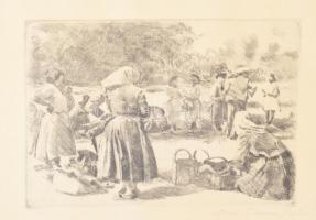 Dombrovszky László (1894-1984): Piaci jelenet. Rézkarc, papír, jelezve jobbra lent, üvegezett fakere...