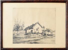 Boldizsár István (1897-1984): Faluvége. Rézkarc, papír, jelezve jobbra lent, üvegezett fakeretben. Lap széle kissé foltos. 22,5×26 cm