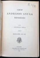 Gróf Andrássy Gyula beszédei. I-II. köt. Kiadta: Lederer Béla. Bp., 1891-1893, Franklin-Társulat, 1 (rézmetszet, Andrássy Gyula 1848-ban) t.+ VII+(1)+442 p.; 1 (rézmetszet, Andrássy Gyula 1867-ban, Wilhelm Unger metszése) t.+ IV+586 p. Átkötött, egységes félvászon-kötésben, a címképet védő hártyapapír foltos, egyébként kitűnő állapotban, helyenként ceruzás aláhúzásokkal.