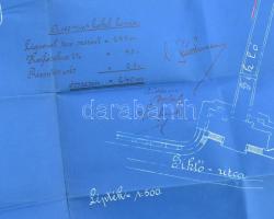 ca 1900 Budavári királyai várpalota és a Sikló közötti kábel nyomvonala a környék tervrajzán, hátold...