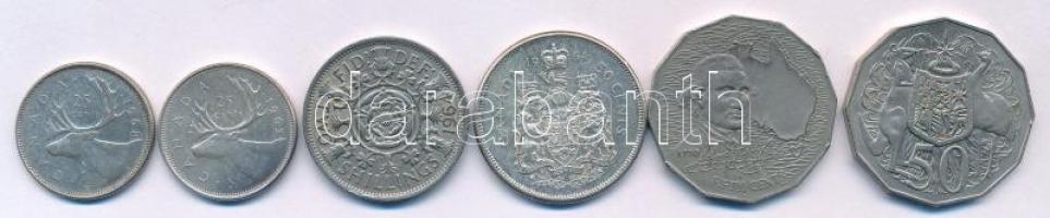 Vegyes Nemzetközösségi érme tétel, benne: Kanada 1963-1968. 25c Ag (2xklf), 1964. 50c Ag; Nagy-Brita...