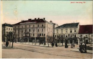 1913 Temesvár, Timisoara; Jenő herceg tér, Kereskedelmi részvénytársaság, takarékpénztár. Moravetz Testvérek kiadása / square, savings bank